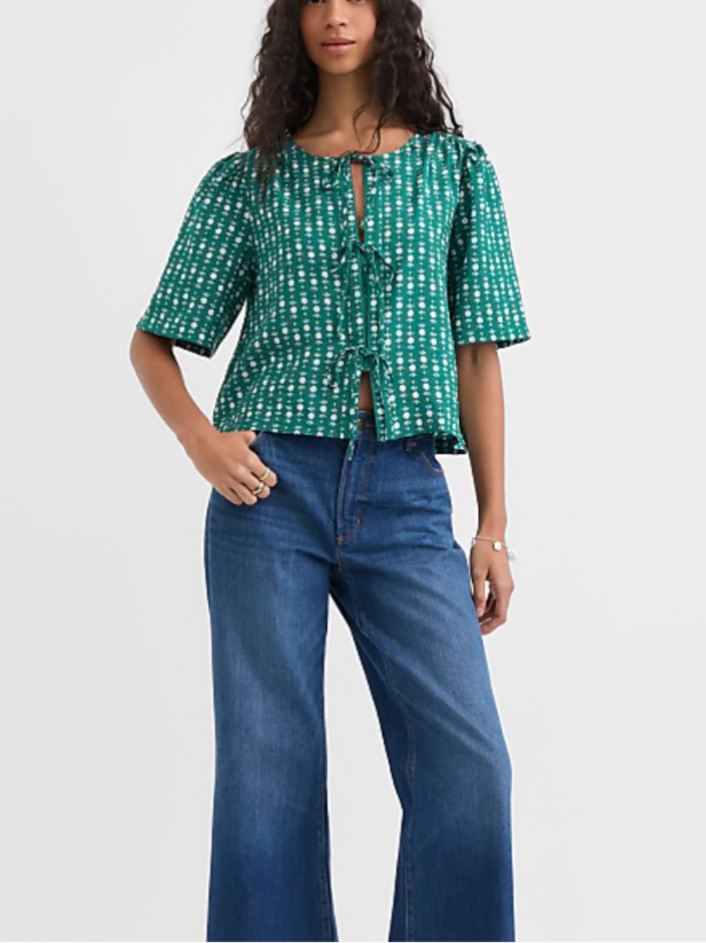 LOFT Green Floral Print Short Sleeve Bow Blouse